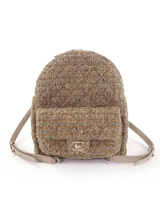 Chanel CC Logo Turnlock Quilted Tweed Chain Shoulder Leather Backpack